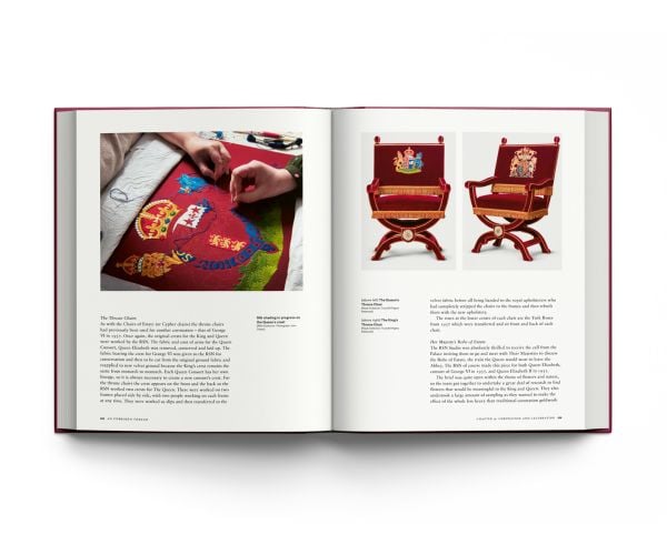 Book cover of An Unbroken Thread, Celebrating 150 Years of the Royal School of Needlework - updated edition, with an embroidered Tudor Rose in gold and dark red. Published by ACC Art Books.