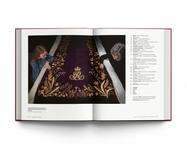 Book cover of An Unbroken Thread, Celebrating 150 Years of the Royal School of Needlework - updated edition, with an embroidered Tudor Rose in gold and dark red. Published by ACC Art Books.