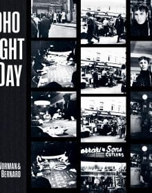 Black and white photos of London's nightlife, including inside a casino, on cover of 'Soho Night & Day', by ACC Art Books.