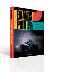 Book cover of Grands Prix: 75 Years of Formula One Racing, with Lewis Hamilton racing his Mercedes F1 car. Published by ACC Art Books.