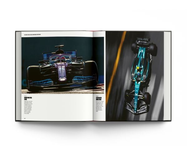 Book cover of Grands Prix: 75 Years of Formula One Racing, with Lewis Hamilton racing his Mercedes F1 car. Published by ACC Art Books.