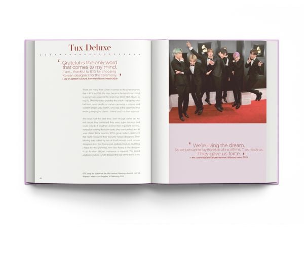 Book cover of BTS: And the Clothes They Wear, with all seven members of the band posing in ripped jeans and colourful jackets. Published by ACC Art Books.