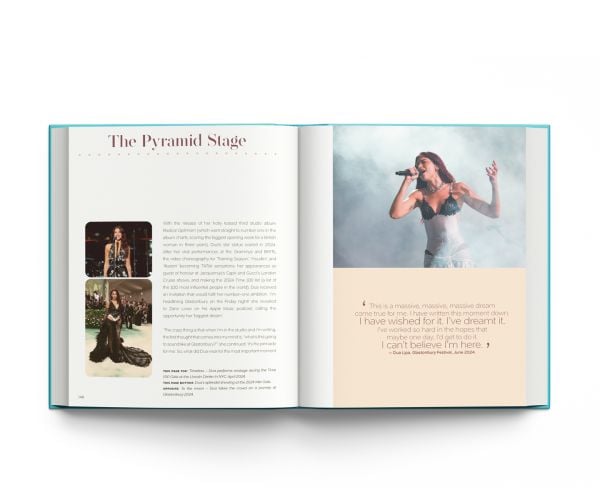 Book cover of Scarlett Conlon's Dua Lipa: And the Clothes She Wears, with the disco star posing in a floral Bottega Veneta dress at the Barbie premiere. Published by ACC Art Books.