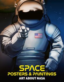 Book cover of Space: Posters & Paintings: Art About NASA, with an American astronaut in space suit pointing their finger at the viewer. Published by ACC Art Books.