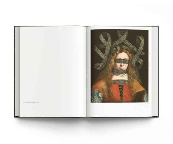 Book cover of Volker Hermes: Hidden Portraits: Old Masters Reimagined, with a painting titled Portrait of a Young Man by Jacometto Veneziano, with his fringed pulled over eyes. Published by ACC Art Books.