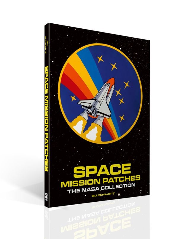 Book cover of Space Mission Patches: A Collection Used by NASA, featuring a NASA Space Shuttle Launch Rainbow design. Published by ACC Art Books.