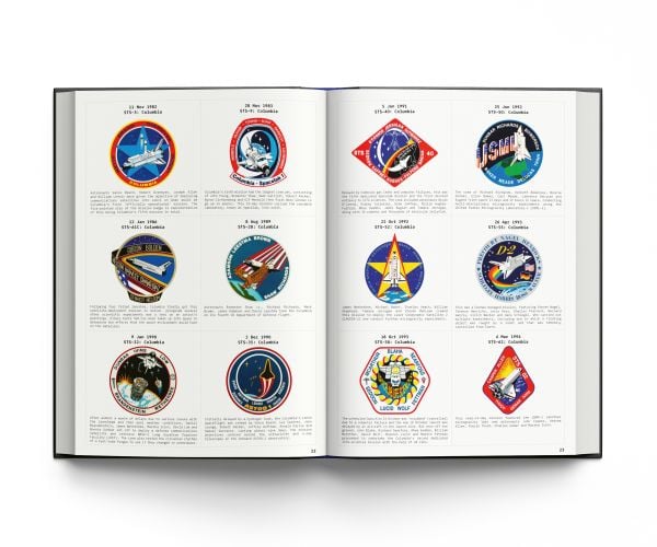 Book cover of Space Mission Patches: A Collection Used by NASA, featuring a NASA Space Shuttle Launch Rainbow design. Published by ACC Art Books.