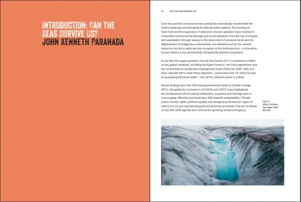 Book cover of Can the Seas Survive Us? with the sea full of fish and two sharks. Published by Kulturalis.