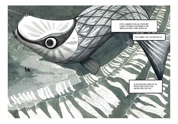 Book cover of Hikobae: 15 Views Beyond Iogi, with a mother holding a child, with large fish swimming behind. Published by Kulturalis.