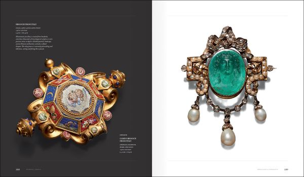 Book cover of Eternal Jewels: A Collector's Journey; featuring a cameo brooch made with emerald, diamond, pearl and gold. Published by Kulturalis.
