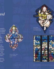 Book cover of Divine Light: The Stained Glass of England's Cathedrals; featuring a decorative window with fish and birds. Published by Kulturalis.