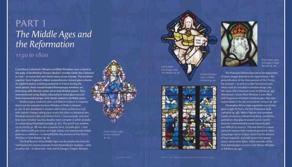 Book cover of Divine Light: The Stained Glass of England's Cathedrals; featuring a decorative window with fish and birds. Published by Kulturalis.