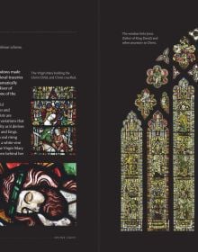 Book cover of Divine Light: The Stained Glass of England's Cathedrals; featuring a decorative window with fish and birds. Published by Kulturalis.