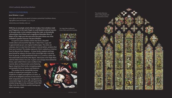 Book cover of Divine Light: The Stained Glass of England's Cathedrals; featuring a decorative window with fish and birds. Published by Kulturalis.