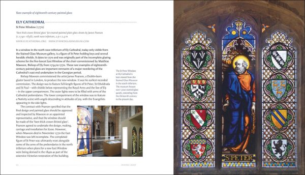 Book cover of Divine Light: The Stained Glass of England's Cathedrals; featuring a decorative window with fish and birds. Published by Kulturalis.