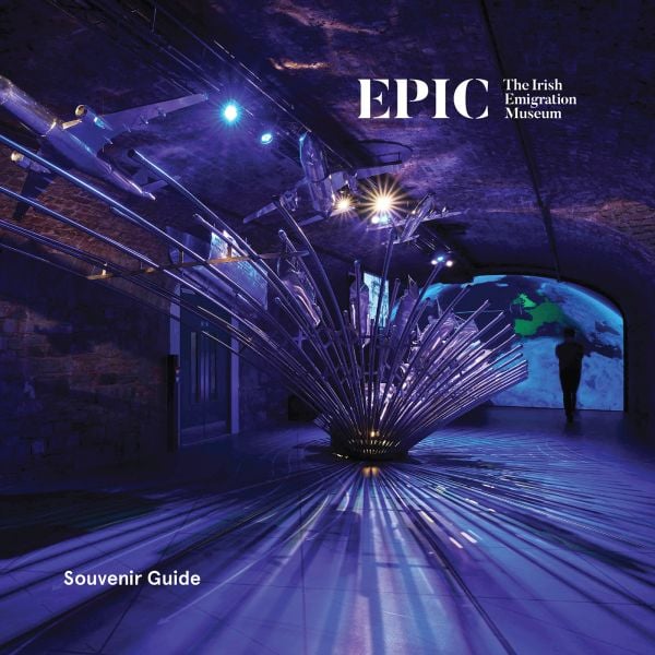 Book cover of EPIC The Irish Emigration Museum: Ireland Never Leaves You; showcasing a striking installation of illuminated metal rods radiating from a purple lit gallery. Published by Kulturalis.