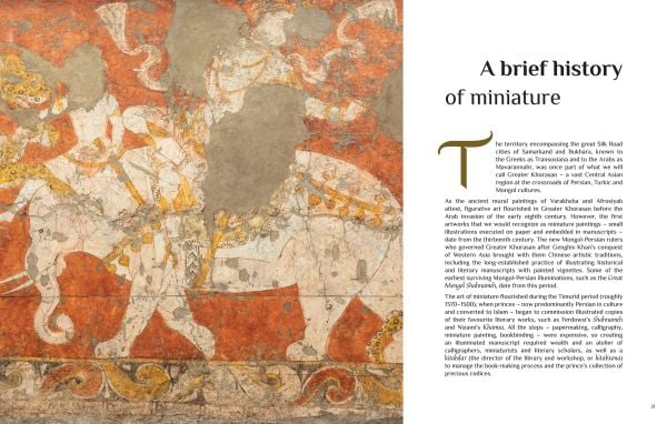 Book cover of Miniature Painting in Uzbekistan: Strokes of Wisdom; featuring a painting of a figure with a bird perched on hand. Published by Kulturalis.