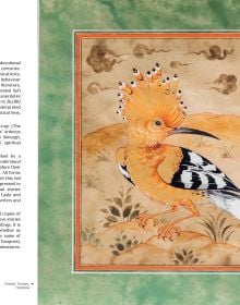 Book cover of Miniature Painting in Uzbekistan: Strokes of Wisdom; featuring a painting of a figure with a bird perched on hand. Published by Kulturalis.