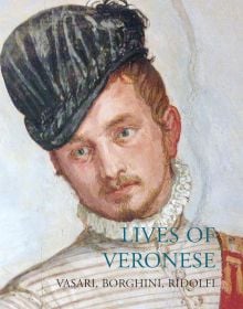 Portrait of young white man in black hat and white ruff, 'LIVES OF VERONESE', in blue font below, by Pallas Athene.