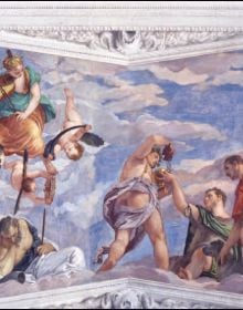 Portrait of young white man in black hat and white ruff, 'LIVES OF VERONESE', in blue font below, by Pallas Athene.