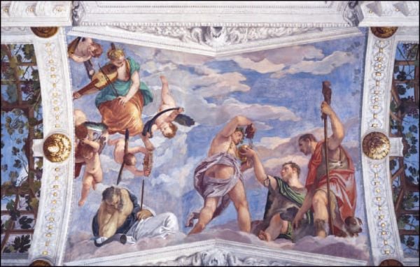 Portrait of young white man in black hat and white ruff, 'LIVES OF VERONESE', in blue font below, by Pallas Athene.