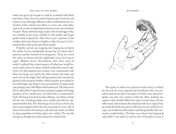 Red robin perched on tree branch, on cover 'The Life of the Robin', by Pallas Athene.