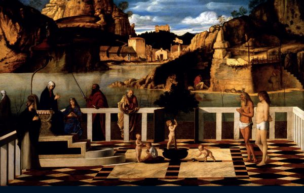 Portrait drawing of Giovanni Bellini by Vittore di Matteo Belliniano, 'Lives of Giovanni Bellini', in white font below, by Pallas Athene.