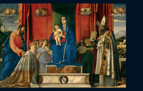 Portrait drawing of Giovanni Bellini by Vittore di Matteo Belliniano, 'Lives of Giovanni Bellini', in white font below, by Pallas Athene.