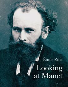 Portrait photography of Édouard Manet, with large beard, 'Emile Zola, Looking at Manet', in white font below, by Pallas Athene