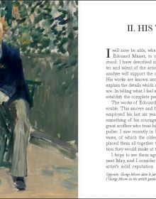 Portrait photography of Édouard Manet, with large beard, 'Emile Zola, Looking at Manet', in white font below, by Pallas Athene