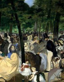 Portrait photography of Édouard Manet, with large beard, 'Emile Zola, Looking at Manet', in white font below, by Pallas Athene