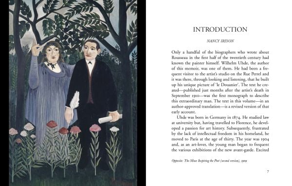 Detail of self-portrait by Henri Rousseau in black hat, holding paint palette, 'Recollections of Henri Rousseau', in white font below, by Pallas Athene.