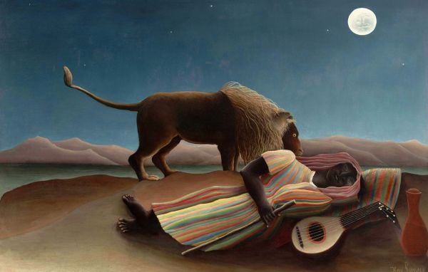 Detail of self-portrait by Henri Rousseau in black hat, holding paint palette, 'Recollections of Henri Rousseau', in white font below, by Pallas Athene.