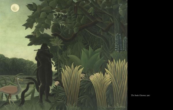Detail of self-portrait by Henri Rousseau in black hat, holding paint palette, 'Recollections of Henri Rousseau', in white font below, by Pallas Athene.