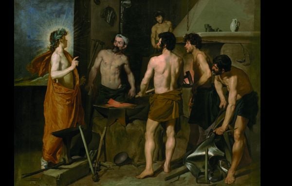 Self-portrait painting by Velázquez, with upturned moustache, 'Lives of Velázquez', in white font below, by Pallas Athene.