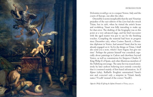 Detail of self-portrait by Titian, wearing black hat, 'Lives of Titian', in white font below, by Pallas Athene.