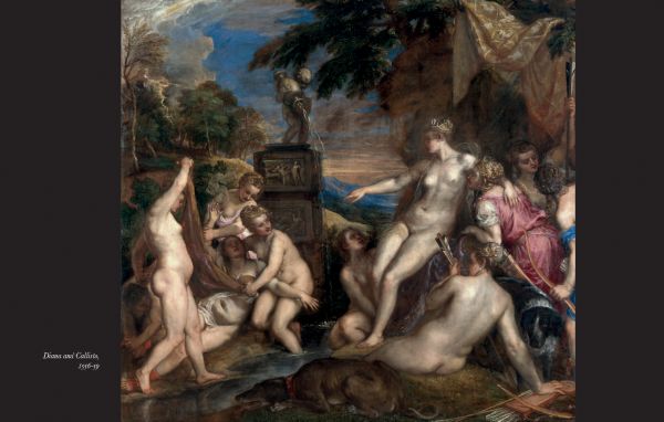 Detail of self-portrait by Titian, wearing black hat, 'Lives of Titian', in white font below, by Pallas Athene.