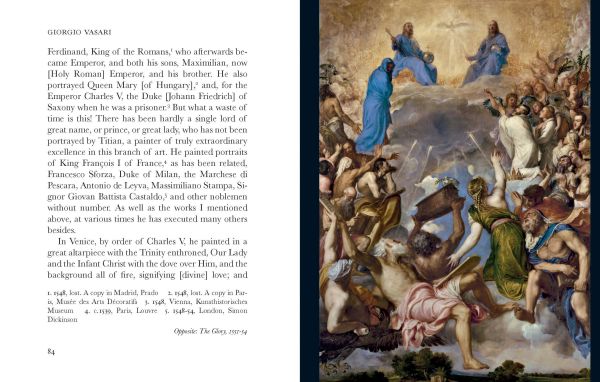 Detail of self-portrait by Titian, wearing black hat, 'Lives of Titian', in white font below, by Pallas Athene.