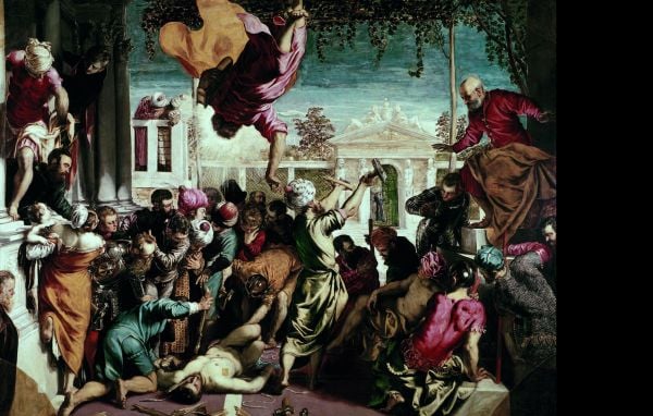 ‘Self-Portrait’ painting by Tintoretto, 'Lives of Tintoretto', in white font below, by Pallas Athene.