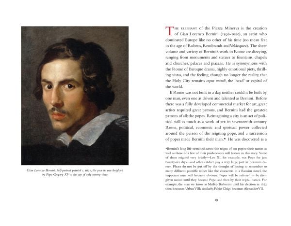 Book cover of An Elephant in Rome: The Pope and the Making of the Eternal City, with a statue of elephant carrying an obelisk, designed by the Italian artist Bernin. Published by Pallas Athene.