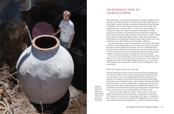 Traditional Georgian cotton tablecloth painted in various hues of blue, 'Tasting Georgia: A Food and Wine Journey in the Caucasus', in white font to pink banner above.
