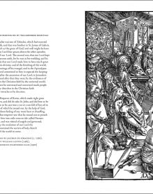Book cover of The Beast with Two Horns like a Lamb, Apocalypse With Pictures, featuring detail of woodcut print by Albrecht Durer. Published by Pallas Athene.