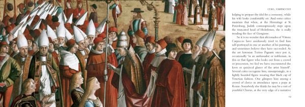 Book cover of Ciao, Carpaccio! An infatuation, featuring a painting titled 'Miracle of the True Cross at the Rialto Bridge', with passengers in gondoliers. Published by Pallas Athene.