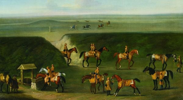 White book cover of James Seymour, featuring a painting titled 'The Match Race', with three riders on horses during race. Published by Pallas Athene.