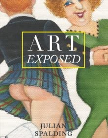 Painting of white couple with ginger hair, dancing, male with back to view, wearing green and blue kilt, exposing bare bottom, on cover of 'Art Exposed', by Pallas Athene.