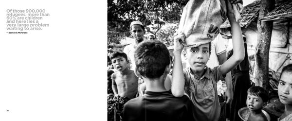 Landscape book cover of Edge of Hope, The Rohingya Refugee Camp at Cox's Bazar, featuring a group of children holding books, staring at viewer. Published by Pallas Athene.