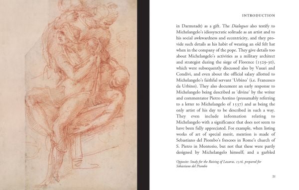 Book cover of Title: Dialogues with Michelangelo, with a self-portrait painting of the Italian artist. Published by Pallas Athene.