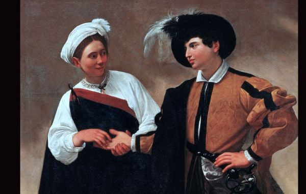 Book cover of The Lives of Caravaggio, with a painting titled 'David with the Head of Goliah', by the artist. Published by Pallas Athene.