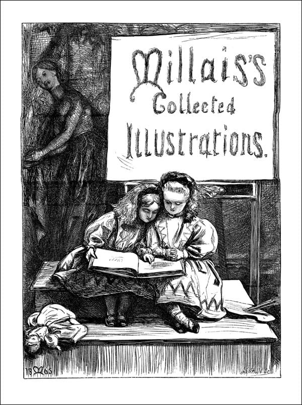 Book cover of Millais's Collected Illustrations; featuring a drawing of two young children reading a book together. Published by Pallas Athene.