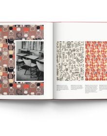 Book cover of Jacqueline Groag: Textile & Pattern Design: Wiener Werkstätte to American Modern, featuring the designer's red and black textile design Abstract Frames and Pebbles, 1952. Published by ACC Art Books.